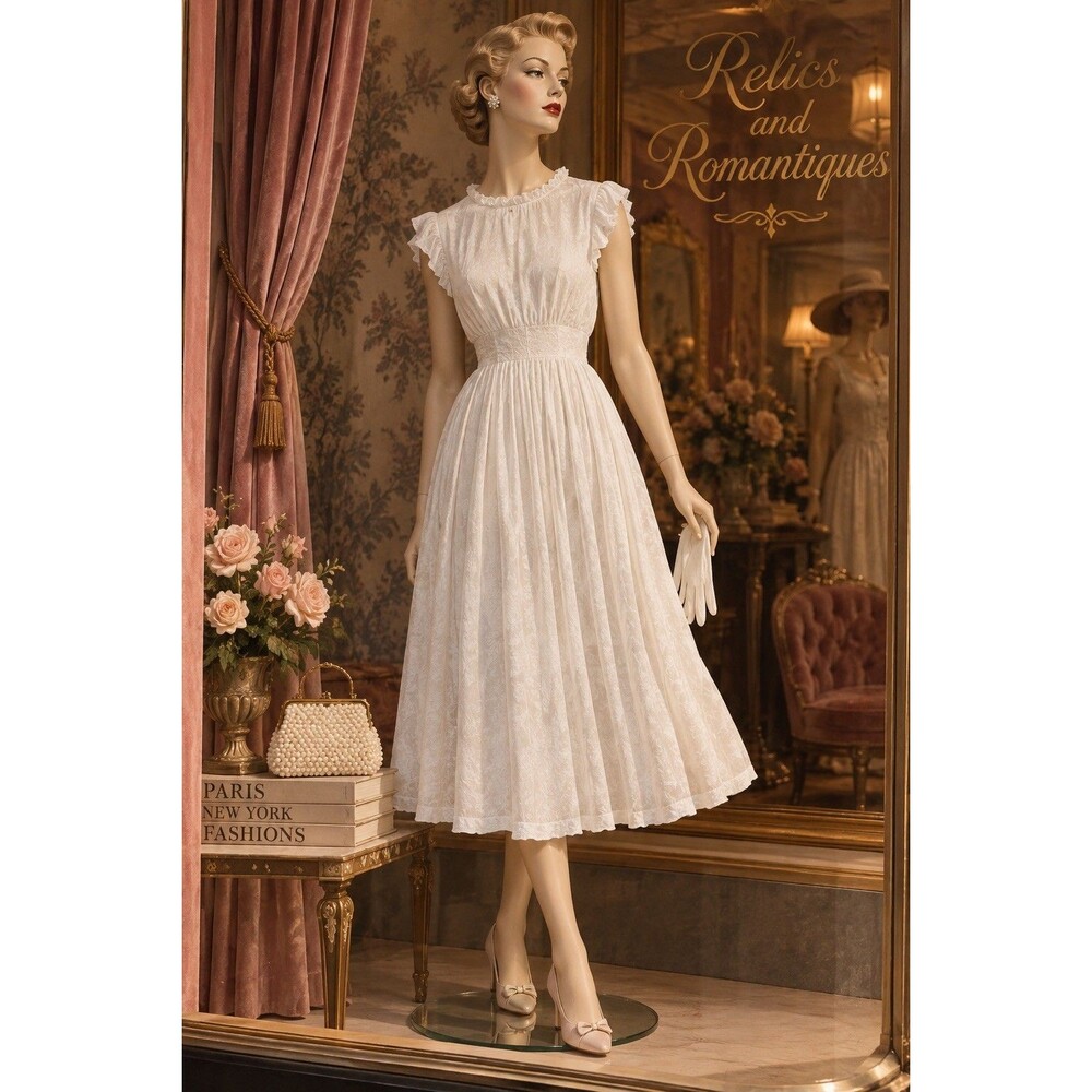 Vintage 1940s White Rayon Jacquard Tea Dress Ruffle Neck Sleeves Midi Dress
